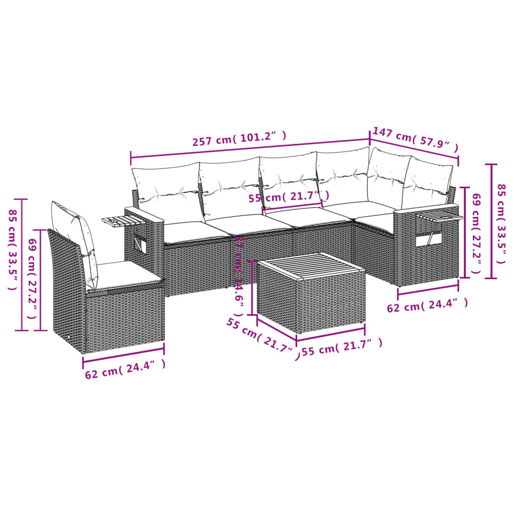 7 pcs conjunto sofás p/ jardim c/ almofadões vime PE cinzento