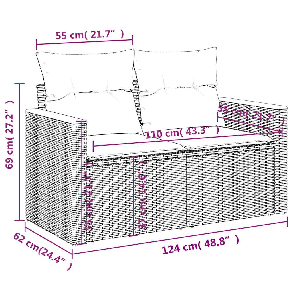 7 pcs conjunto de sofás p/ jardim c/ almofadões vime PE preto