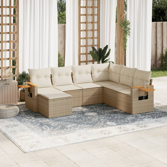 7 pcs conjunto de sofás p/ jardim com almofadões vime PE bege