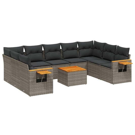 10 pcs conjunto sofás de jardim c/ almofadões vime PE cinzento