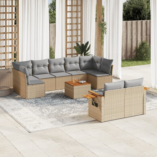 10 pcs conjunto de sofás p/ jardim com almofadões vime PE bege