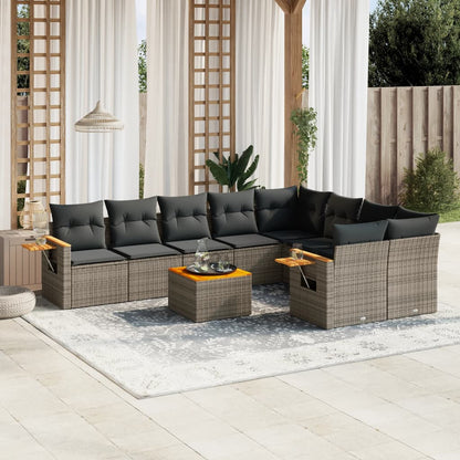 10 pcs conjunto sofás de jardim c/ almofadões vime PE cinzento