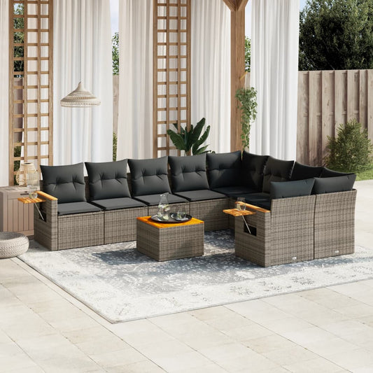 10 pcs conjunto sofás de jardim c/ almofadões vime PE cinzento
