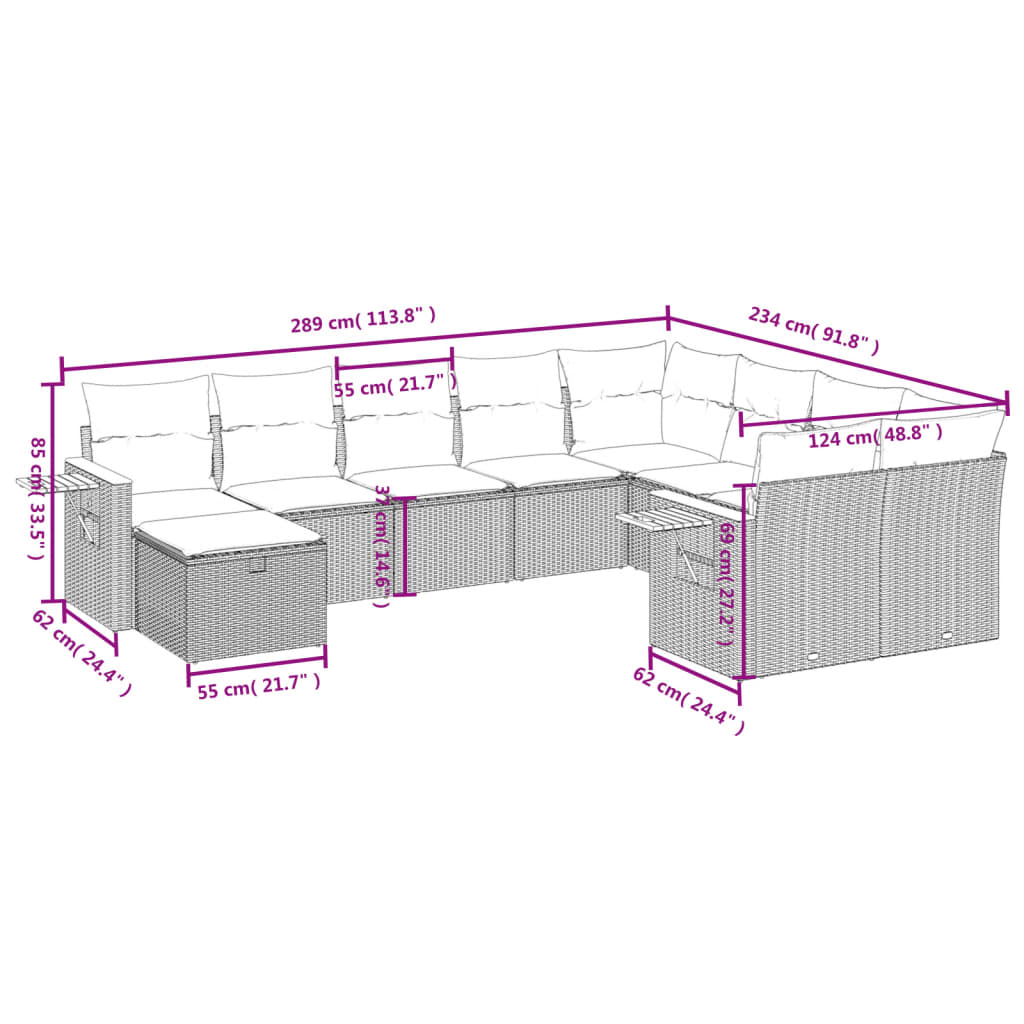 10 pcs conjunto de sofás p/ jardim c/ almofadões vime PE preto