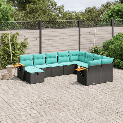 10 pcs conjunto de sofás p/ jardim c/ almofadões vime PE preto