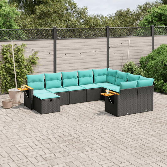 10 pcs conjunto de sofás p/ jardim c/ almofadões vime PE preto