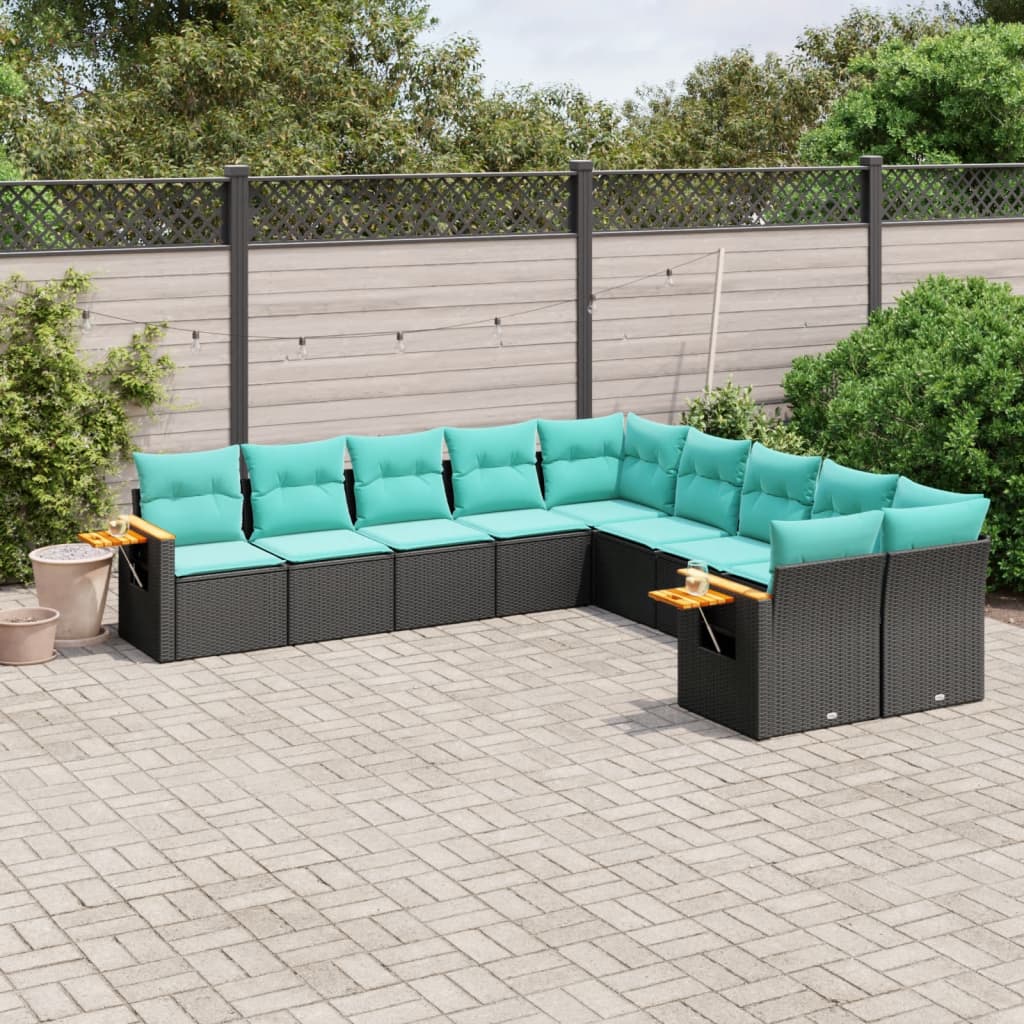 10 pcs conjunto de sofás p/ jardim c/ almofadões vime PE preto