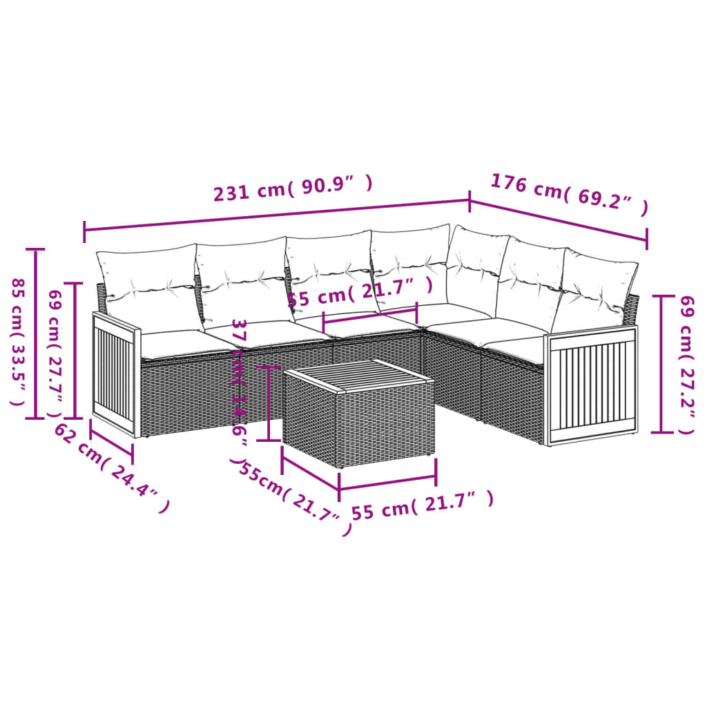 7 pcs conjunto sofás p/ jardim c/ almofadões vime PE cinzento