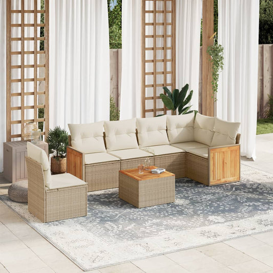 7 pcs conjunto de sofás p/ jardim com almofadões vime PE bege
