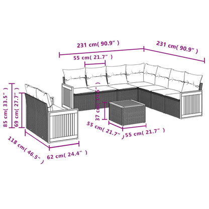 10 pcs conjunto sofás de jardim c/ almofadões vime PE cinzento