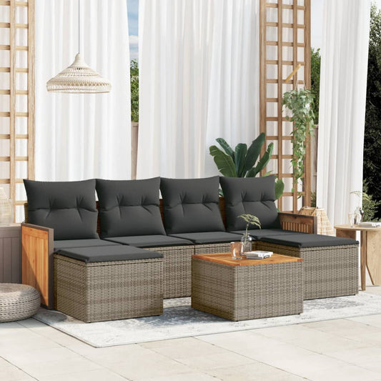 7 pcs conjunto sofás p/ jardim c/ almofadões vime PE cinzento