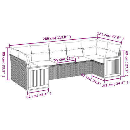 7 pcs conjunto sofás p/ jardim c/ almofadões vime PE cinzento