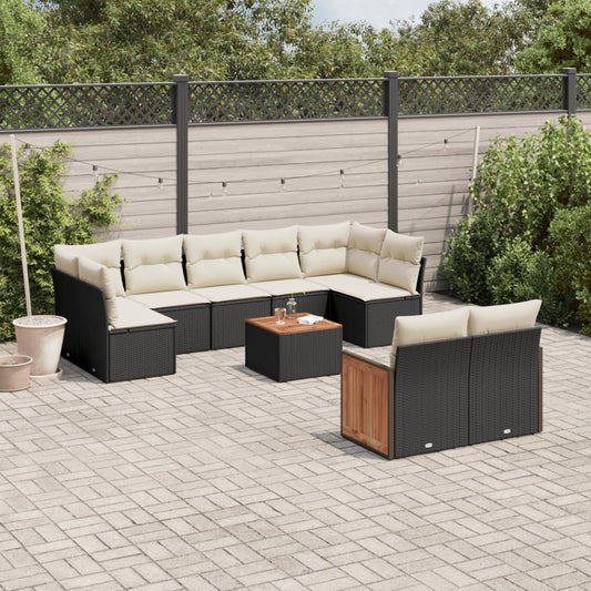 10 pcs conjunto sofás de jardim c/ almofadões vime PE preto