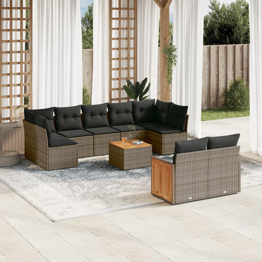 10 pcs conjunto sofás de jardim c/ almofadões vime PE cinzento