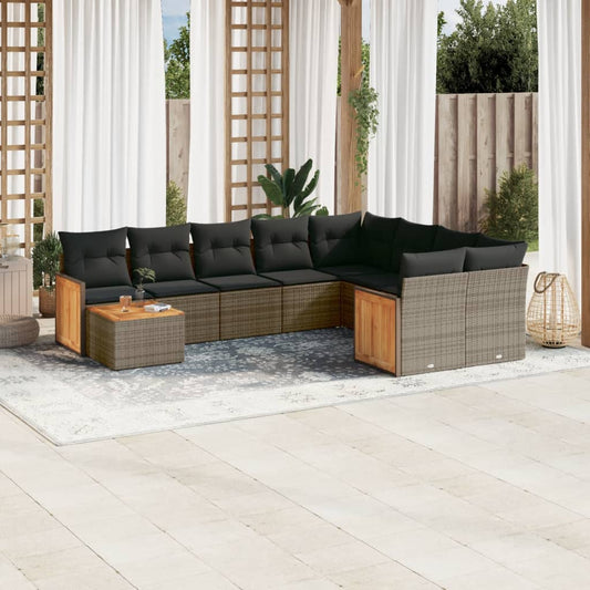 10 pcs conjunto sofás de jardim c/ almofadões vime PE cinzento