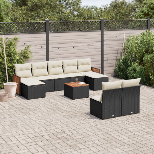 10 pcs conjunto sofás de jardim c/ almofadões vime PE preto