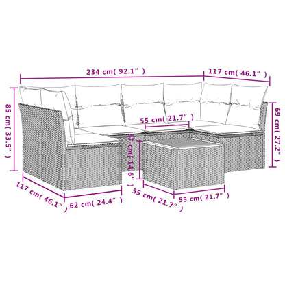7 pcs conjunto de sofás p/ jardim com almofadões vime PE bege
