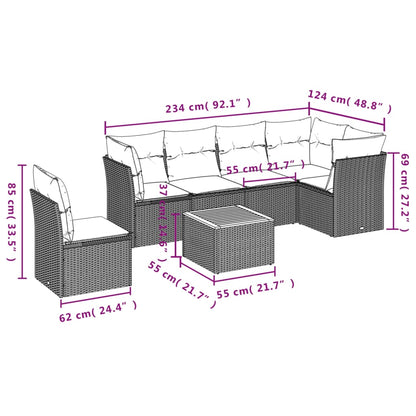 7 pcs conjunto de sofás p/ jardim com almofadões vime PE bege