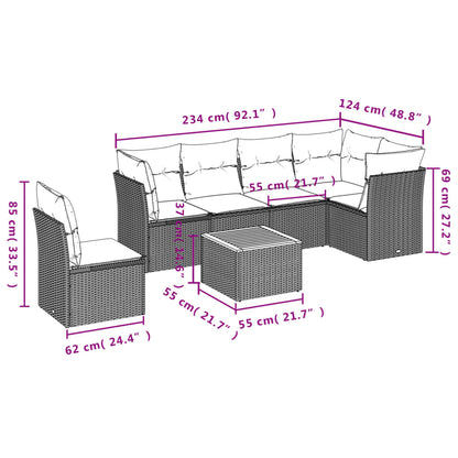 7 pcs conjunto de sofás p/ jardim com almofadões vime PE bege