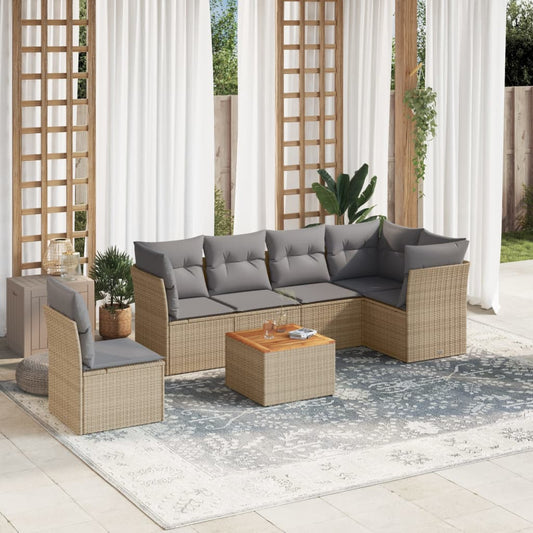 7 pcs conjunto de sofás p/ jardim com almofadões vime PE bege