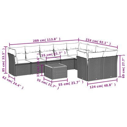 10 pcs conjunto sofás de jardim c/ almofadões vime PE cinzento