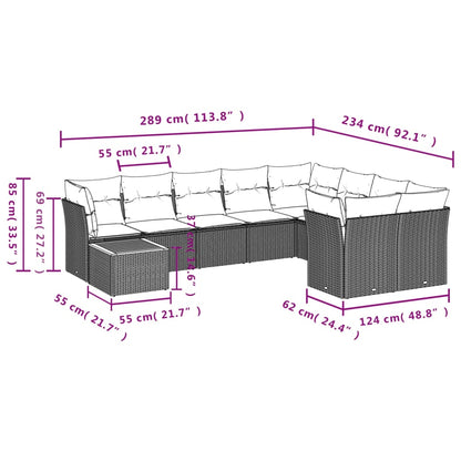 10 pcs conjunto de sofás p/ jardim com almofadões vime PE bege