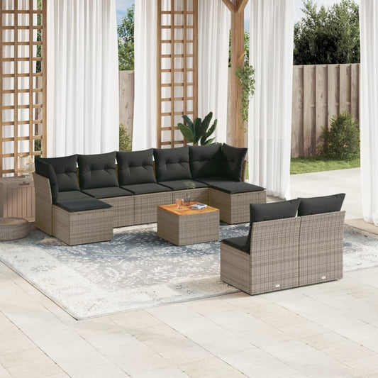 10 pcs conjunto sofás de jardim c/ almofadões vime PE cinzento