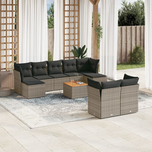 10 pcs conjunto sofás de jardim c/ almofadões vime PE cinzento