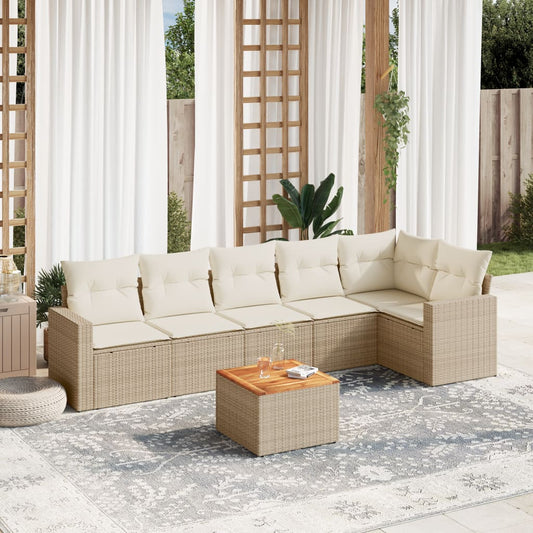 7 pcs conjunto de sofás p/ jardim com almofadões vime PE bege