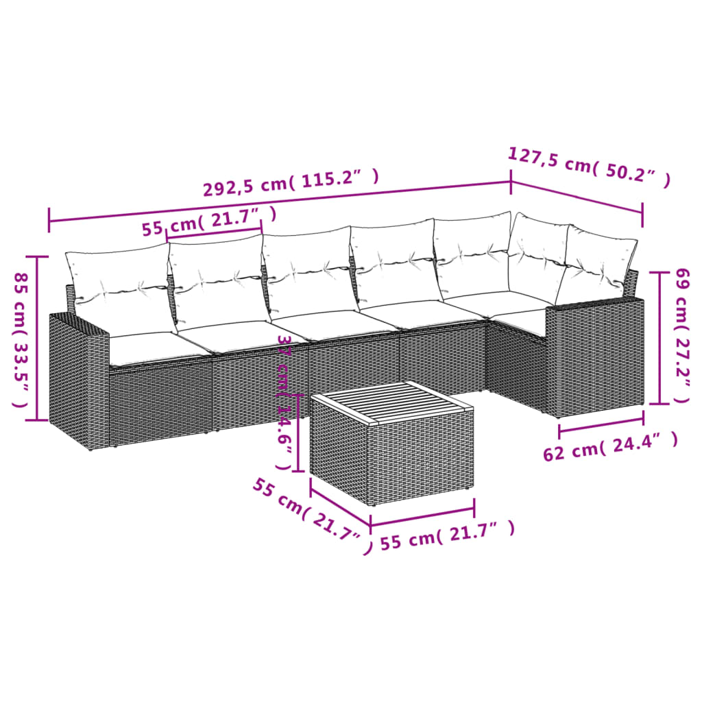 7 pcs conjunto de sofás p/ jardim com almofadões vime PE bege