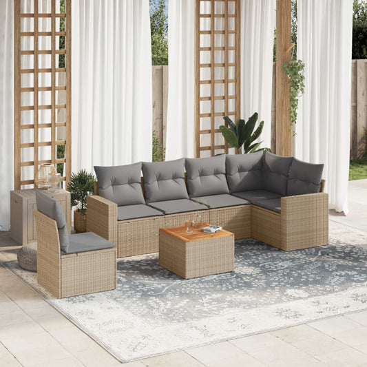 7 pcs conjunto de sofás p/ jardim com almofadões vime PE bege