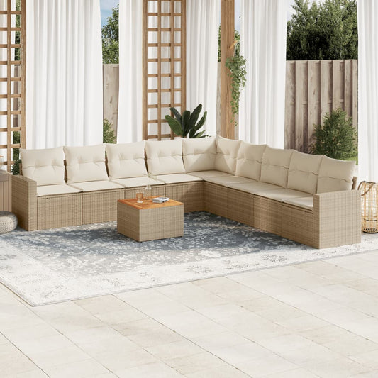 10 pcs conjunto de sofás p/ jardim com almofadões vime PE bege