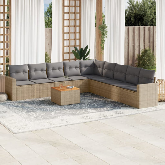 10 pcs conjunto de sofás p/ jardim com almofadões vime PE bege