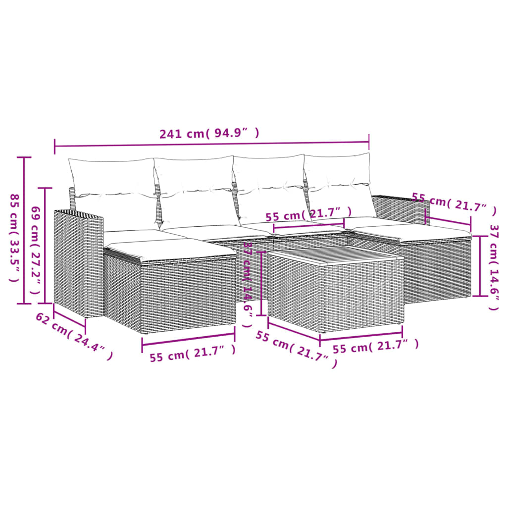 7 pcs conjunto de sofás p/ jardim com almofadões vime PE bege