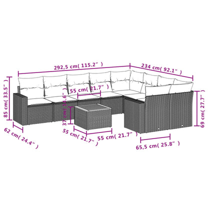10 pcs conjunto sofás de jardim c/ almofadões vime PE cinzento