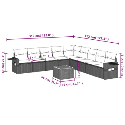10 pcs conjunto sofás de jardim c/ almofadões vime PE cinzento