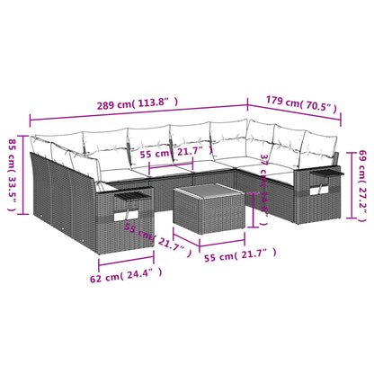 10 pcs conjunto sofás de jardim c/ almofadões vime PE cinzento