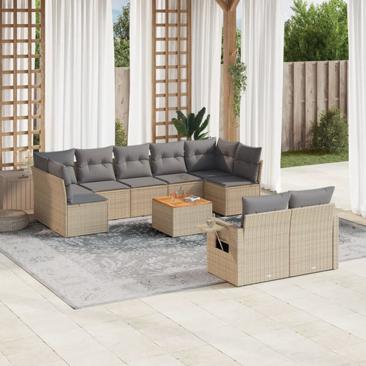 10 pcs conjunto de sofás p/ jardim com almofadões vime PE bege