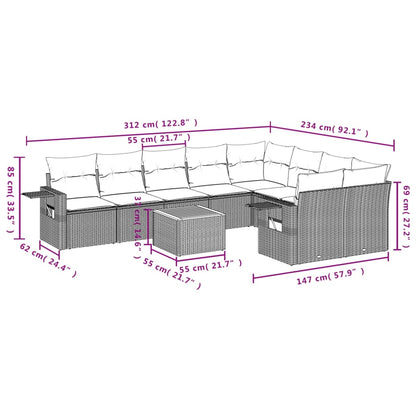 10 pcs conjunto de sofás p/ jardim com almofadões vime PE bege
