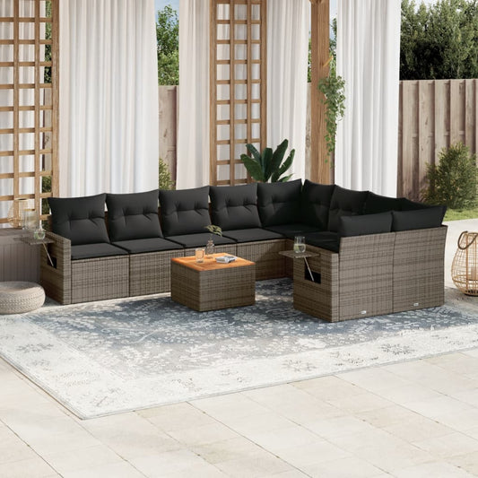 10 pcs conjunto sofás de jardim c/ almofadões vime PE cinzento