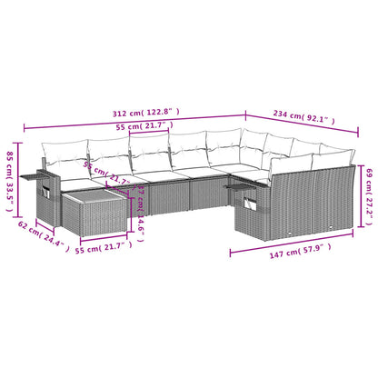 10 pcs conjunto de sofás p/ jardim com almofadões vime PE bege