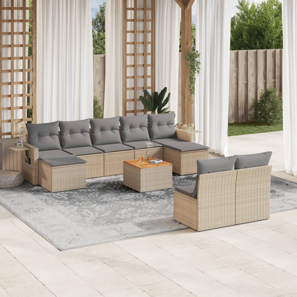 10 pcs conjunto de sofás p/ jardim com almofadões vime PE bege