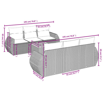 7 pcs conjunto sofás p/ jardim c/ almofadões vime PE cinzento
