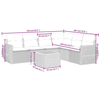 7 pcs conjunto sofás p/ jardim c/ almofadões vime PE cinzento
