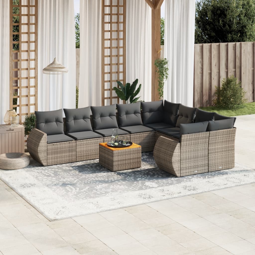 10 pcs conjunto sofás de jardim c/ almofadões vime PE cinzento