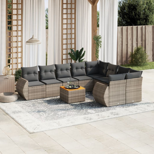 10 pcs conjunto sofás de jardim c/ almofadões vime PE cinzento