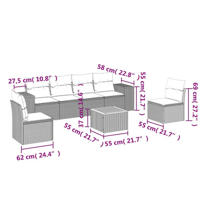 7 pcs conjunto de sofás p/ jardim com almofadões vime PE bege