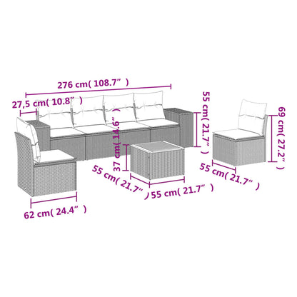7 pcs conjunto sofás p/ jardim c/ almofadões vime PE cinzento