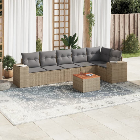 7 pcs conjunto de sofás p/ jardim com almofadões vime PE bege
