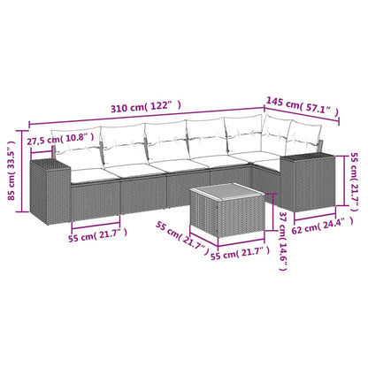 7 pcs conjunto sofás p/ jardim c/ almofadões vime PE cinzento